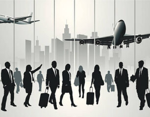 Business travelers in the airport terminal. Vector illustration
