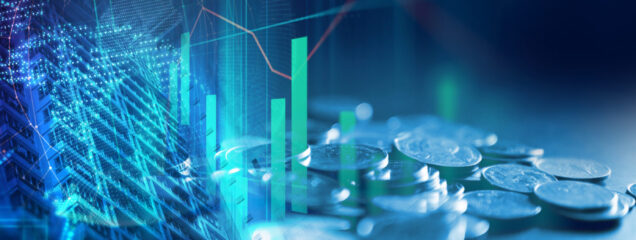pile of coins on technology financial graph background.